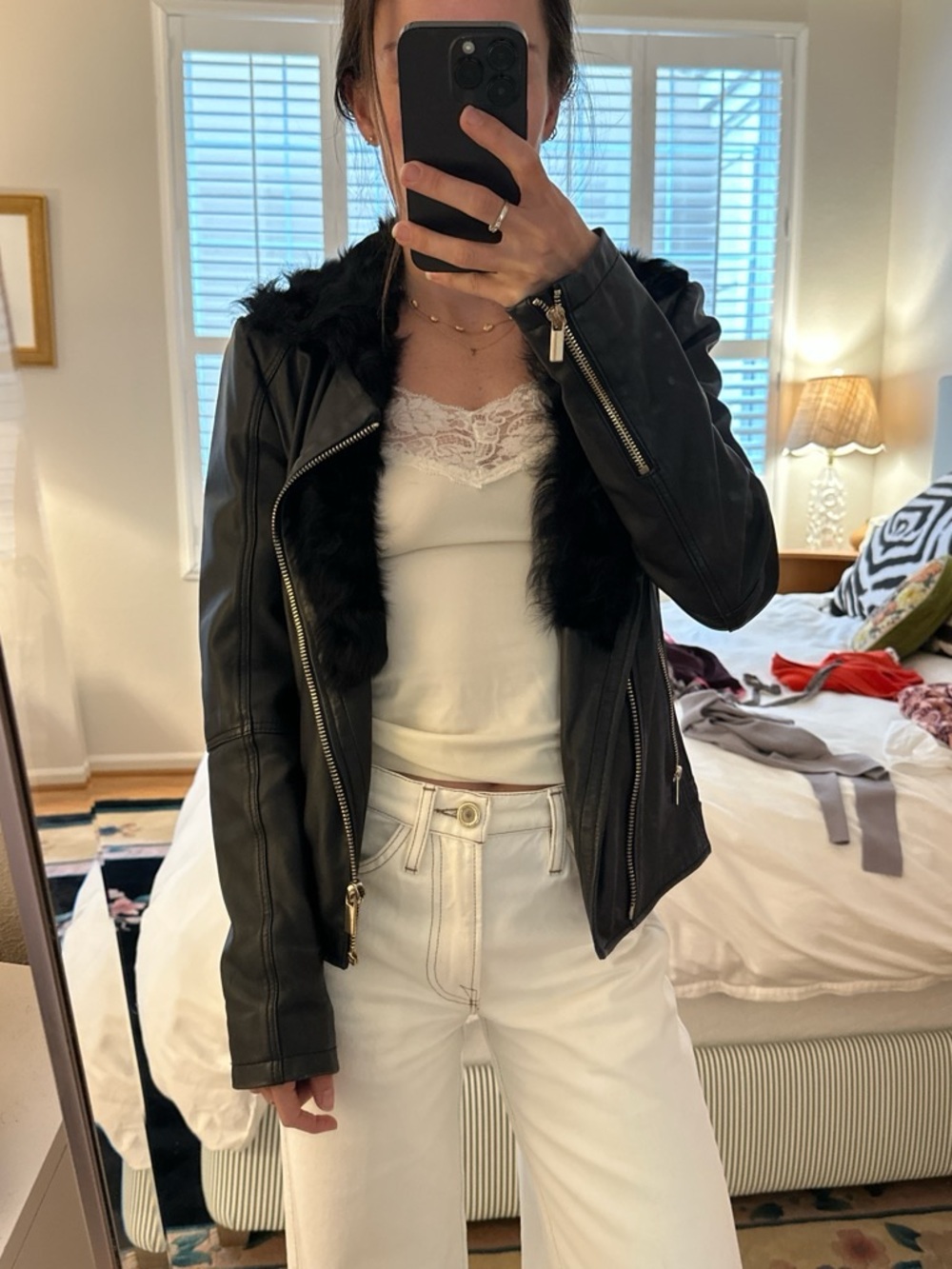 Badgley Mischka Leather Jacket with Lamb Shearling
